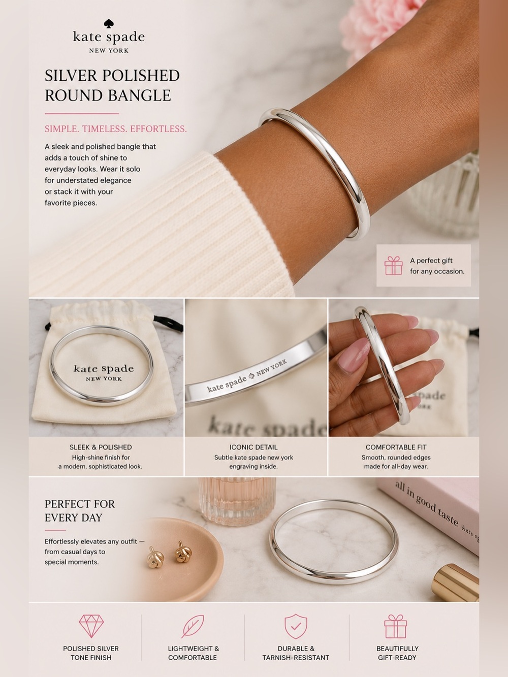 kate spade Silver Polished Round Bangle Bracelet